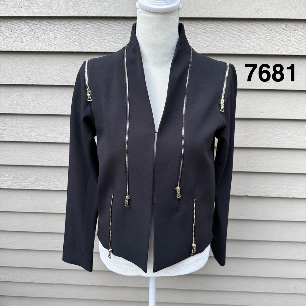 Yoana Baraschi Womens Black Gold Zipper Moto Blazer Jacket Size 0 Made in USA